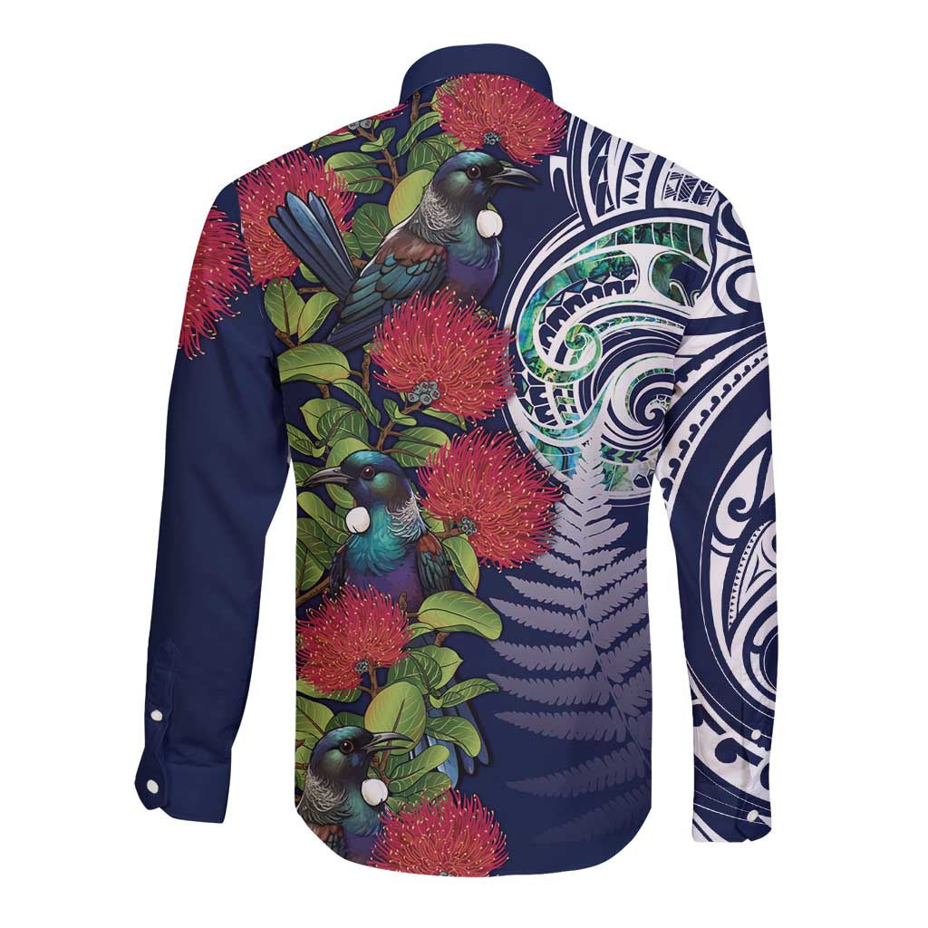 Meri Kirihimete New Zealand Long Sleeve Button Shirt Tui on Pohutukawa - Blue Ver LT7 - Polynesian Pride