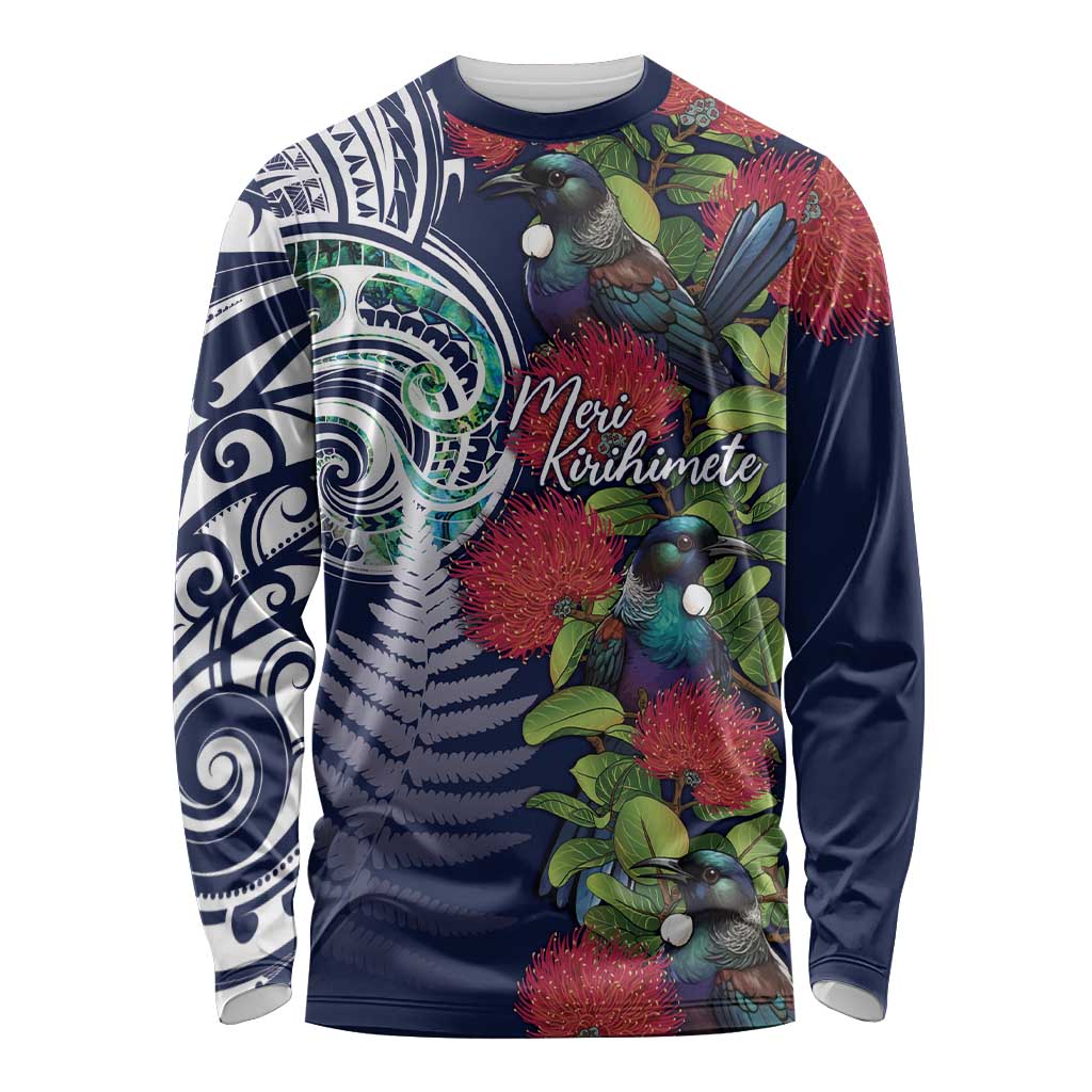 Meri Kirihimete New Zealand Long Sleeve Shirt Tui on Pohutukawa - Blue Ver LT7 Unisex Blue - Polynesian Pride