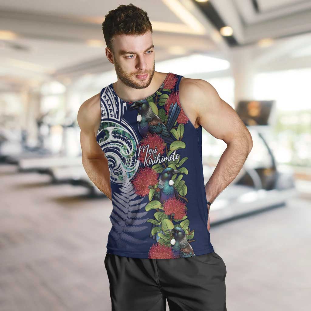 Meri Kirihimete New Zealand Men Tank Top Tui on Pohutukawa - Blue Ver LT7 Blue - Polynesian Pride