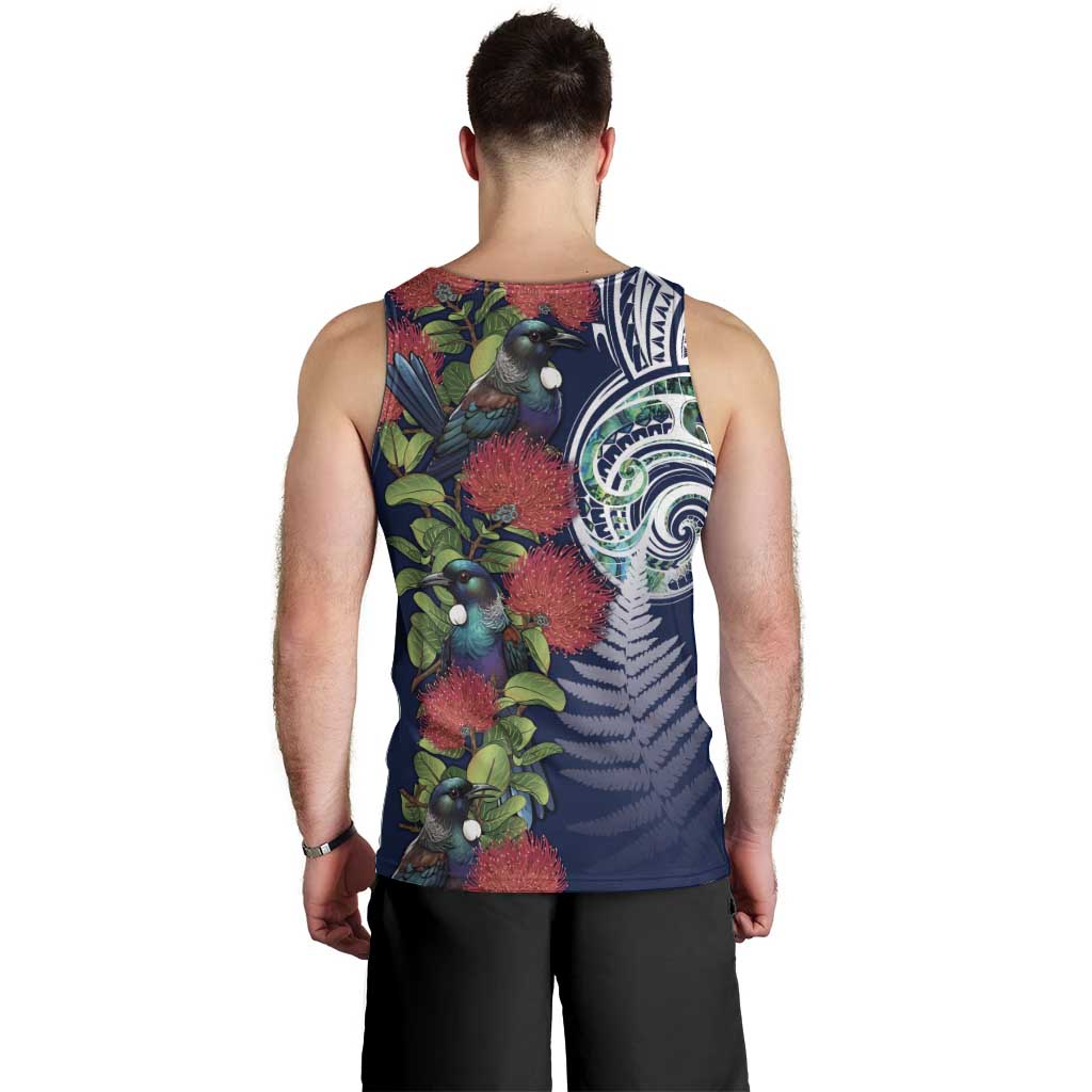 Meri Kirihimete New Zealand Men Tank Top Tui on Pohutukawa - Blue Ver LT7 - Polynesian Pride