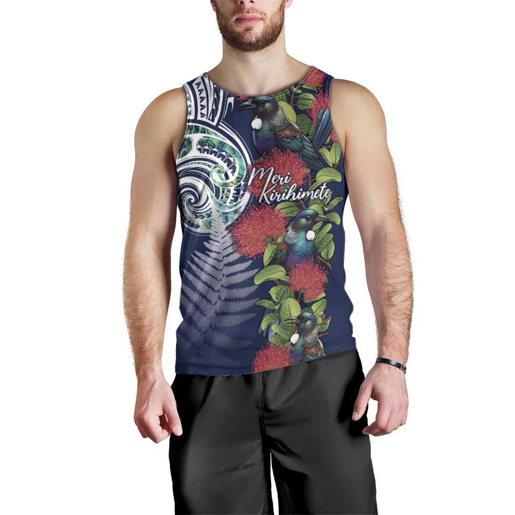 Meri Kirihimete New Zealand Men Tank Top Tui on Pohutukawa - Blue Ver LT7 - Polynesian Pride
