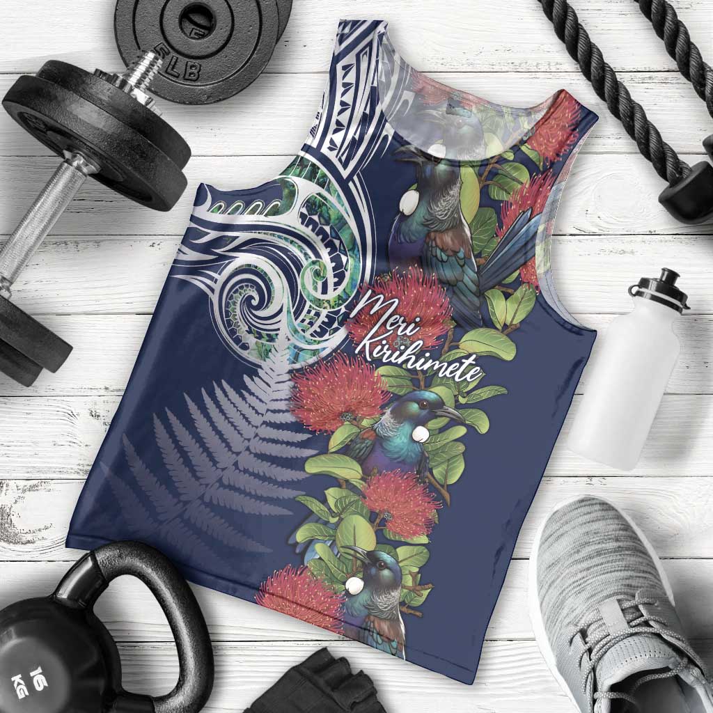 Meri Kirihimete New Zealand Men Tank Top Tui on Pohutukawa - Blue Ver LT7 - Polynesian Pride