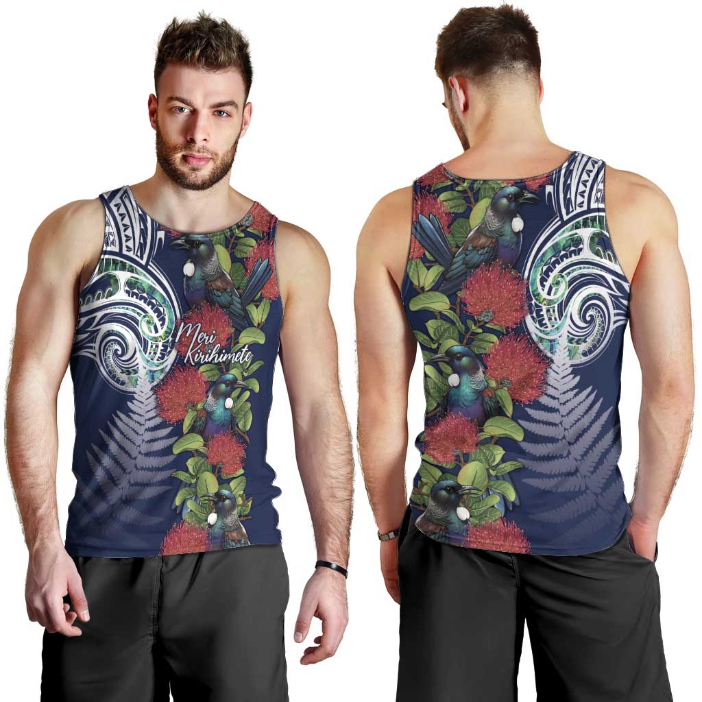Meri Kirihimete New Zealand Men Tank Top Tui on Pohutukawa - Blue Ver LT7 - Polynesian Pride