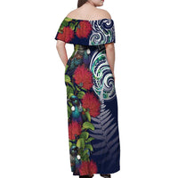 Meri Kirihimete New Zealand Off Shoulder Maxi Dress Tui on Pohutukawa - Blue Ver LT7 - Polynesian Pride