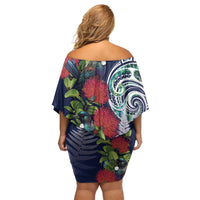 Meri Kirihimete New Zealand Off Shoulder Short Dress Tui on Pohutukawa - Blue Ver LT7 - Polynesian Pride