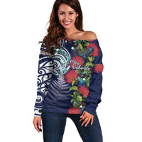 Meri Kirihimete New Zealand Off Shoulder Sweater Tui on Pohutukawa - Blue Ver LT7 Women Blue - Polynesian Pride