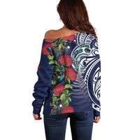 Meri Kirihimete New Zealand Off Shoulder Sweater Tui on Pohutukawa - Blue Ver LT7 - Polynesian Pride