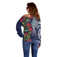 Meri Kirihimete New Zealand Off Shoulder Sweater Tui on Pohutukawa - Blue Ver LT7 - Polynesian Pride