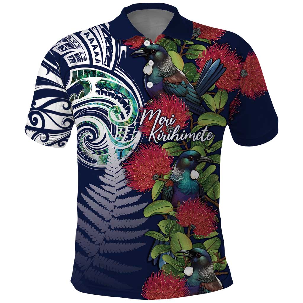 Meri Kirihimete New Zealand Polo Shirt Tui on Pohutukawa - Blue Ver LT7 Blue - Polynesian Pride