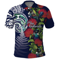 Meri Kirihimete New Zealand Polo Shirt Tui on Pohutukawa - Blue Ver LT7 Blue - Polynesian Pride