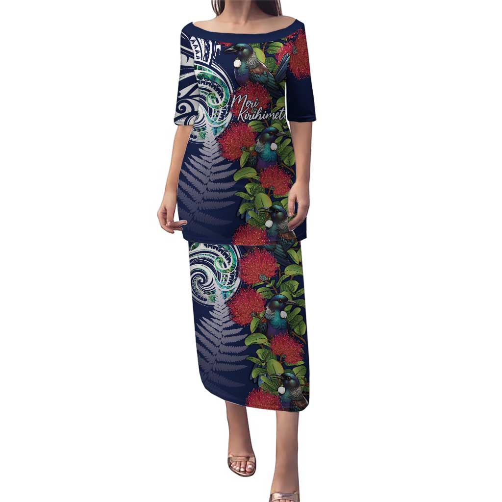 Meri Kirihimete New Zealand Puletasi Tui on Pohutukawa - Blue Ver LT7 Long Dress Blue - Polynesian Pride