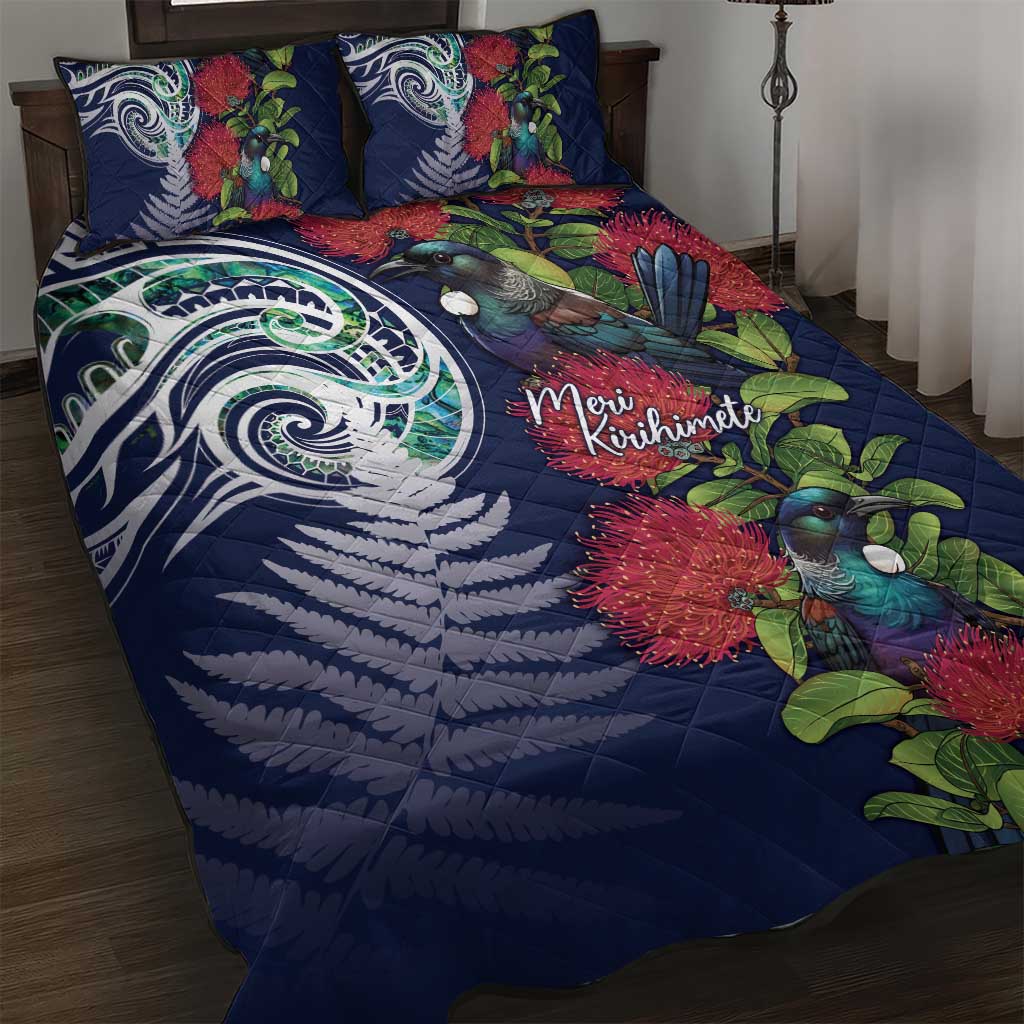 Meri Kirihimete New Zealand Quilt Bed Set Tui on Pohutukawa - Blue Ver LT7 Blue - Polynesian Pride