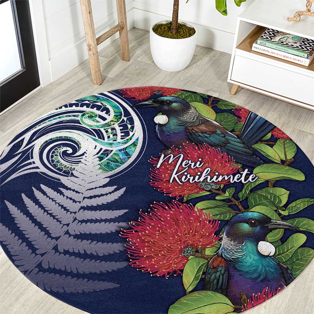 Meri Kirihimete New Zealand Round Carpet Tui on Pohutukawa - Blue Ver LT7 Blue - Polynesian Pride