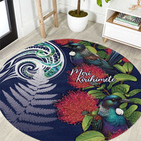 Meri Kirihimete New Zealand Round Carpet Tui on Pohutukawa - Blue Ver LT7 Blue - Polynesian Pride