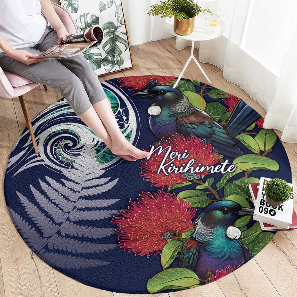 Meri Kirihimete New Zealand Round Carpet Tui on Pohutukawa - Blue Ver LT7 - Polynesian Pride