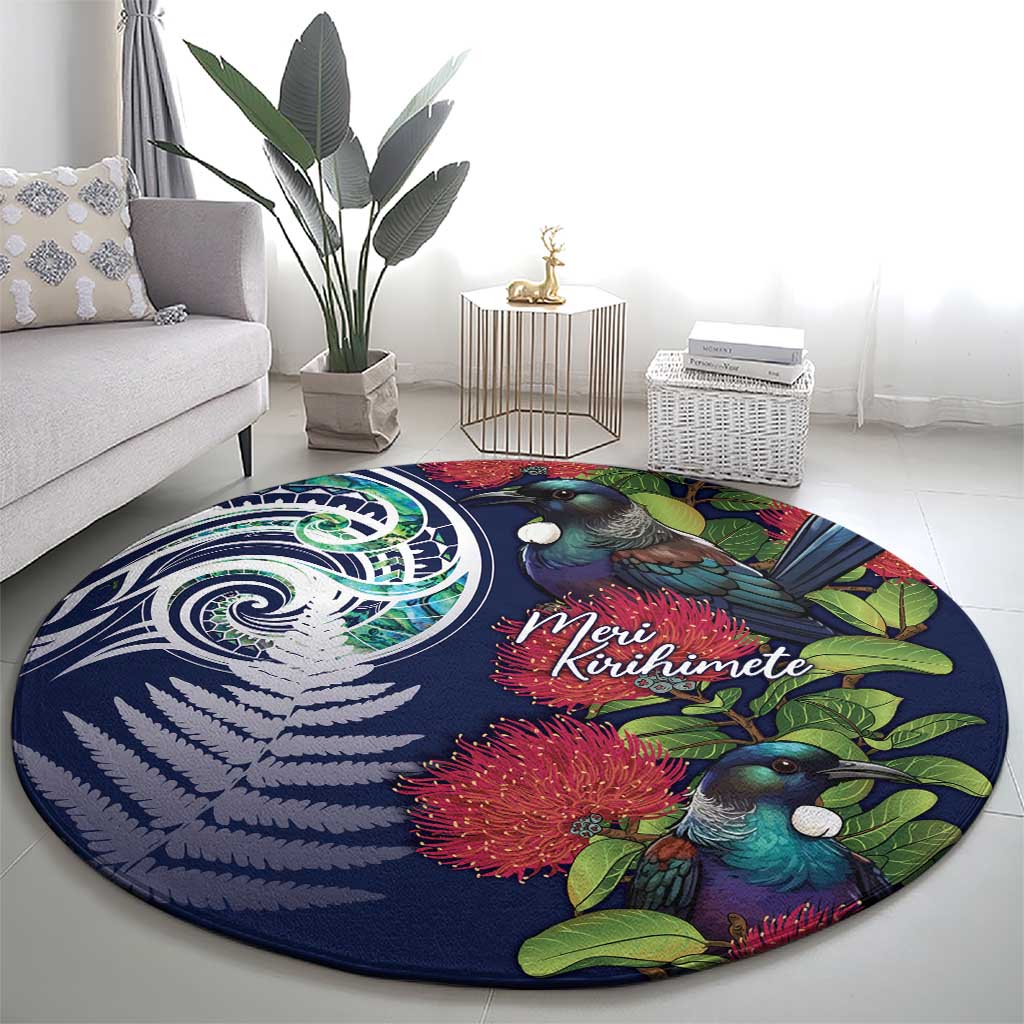 Meri Kirihimete New Zealand Round Carpet Tui on Pohutukawa - Blue Ver LT7 - Polynesian Pride