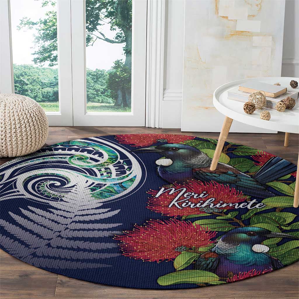 Meri Kirihimete New Zealand Round Carpet Tui on Pohutukawa - Blue Ver LT7 - Polynesian Pride