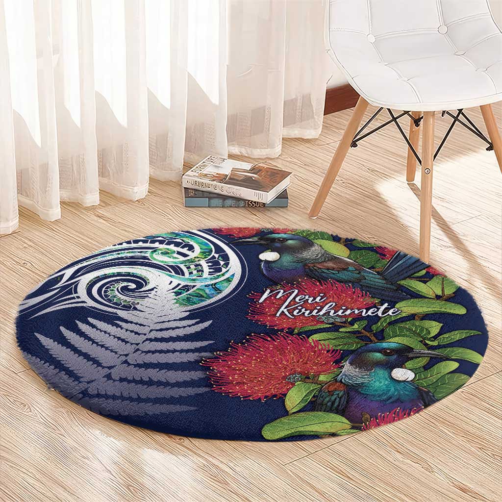 Meri Kirihimete New Zealand Round Carpet Tui on Pohutukawa - Blue Ver LT7 - Polynesian Pride