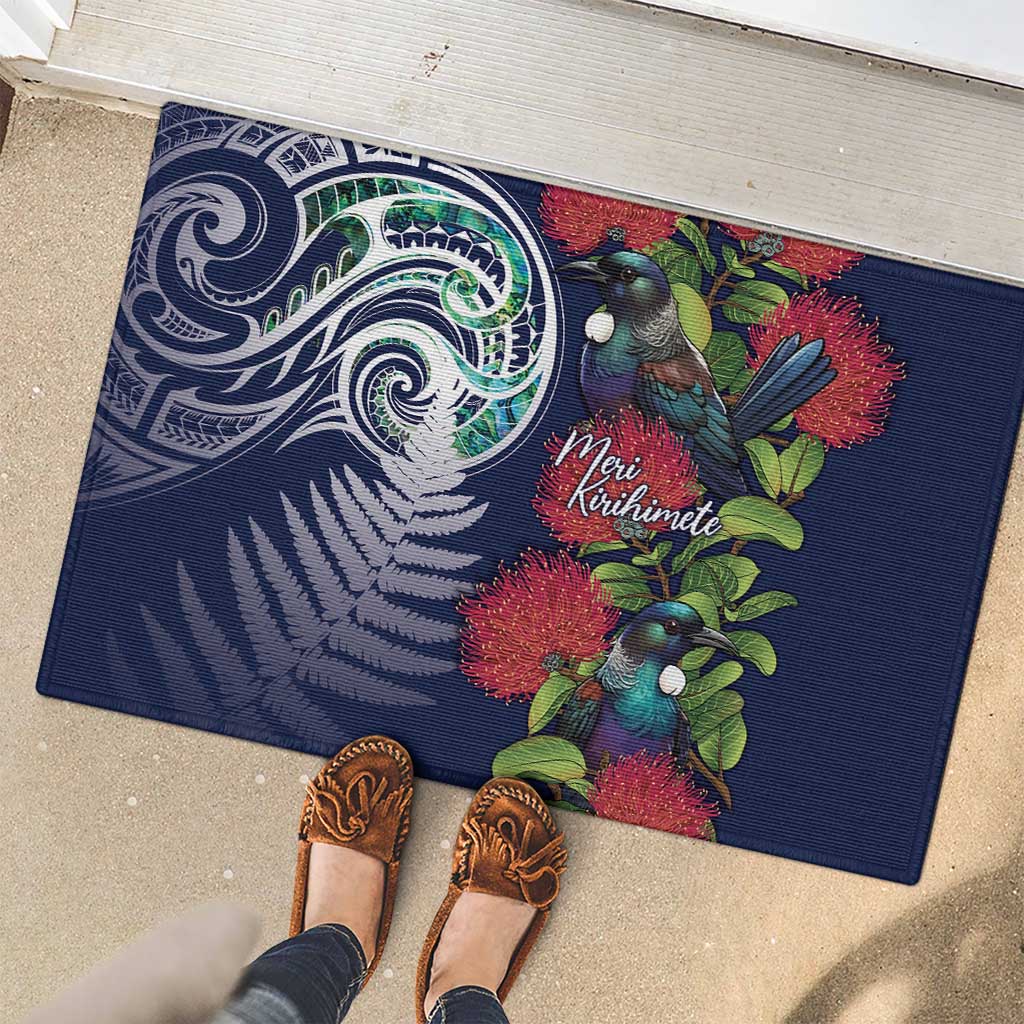 Meri Kirihimete New Zealand Rubber Doormat Tui on Pohutukawa - Blue Ver LT7 - Polynesian Pride
