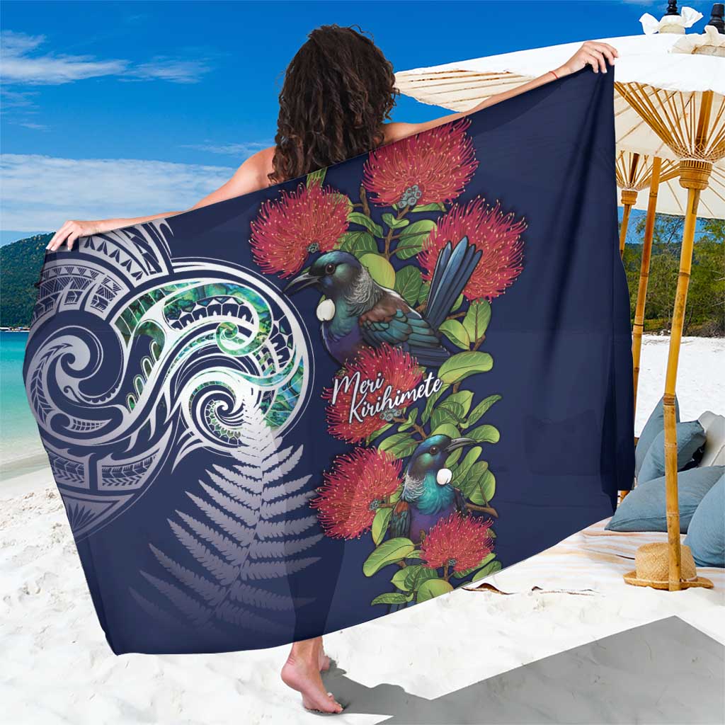 Meri Kirihimete New Zealand Sarong Tui on Pohutukawa - Blue Ver LT7 One Size 44 x 66 inches Blue - Polynesian Pride