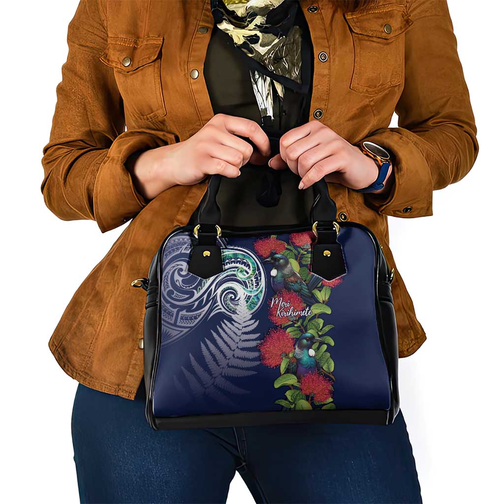 Meri Kirihimete New Zealand Shoulder Handbag Tui on Pohutukawa - Blue Ver LT7 - Polynesian Pride