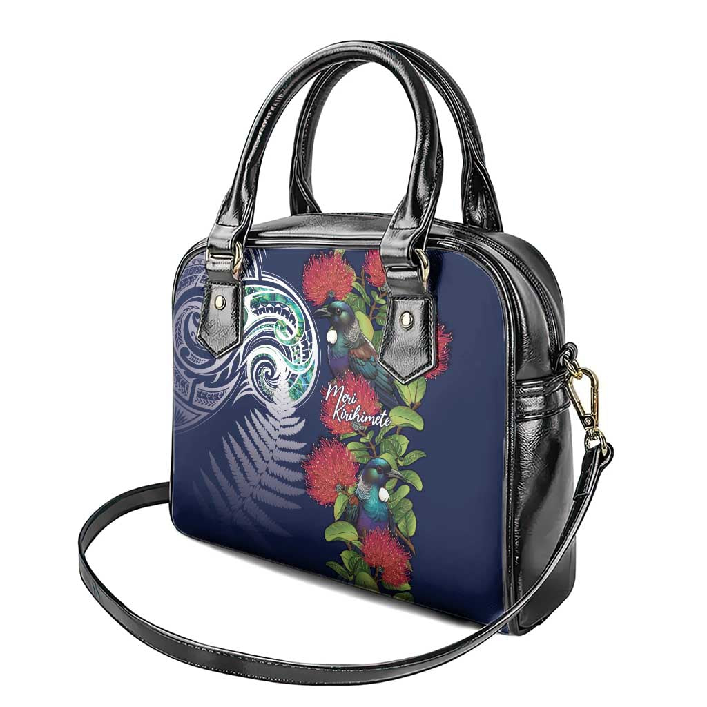 Meri Kirihimete New Zealand Shoulder Handbag Tui on Pohutukawa - Blue Ver LT7 - Polynesian Pride