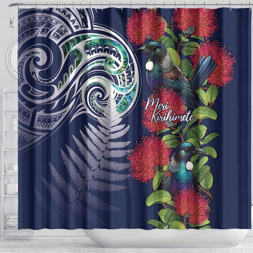 Meri Kirihimete New Zealand Shower Curtain Tui on Pohutukawa - Blue Ver LT7 - Polynesian Pride
