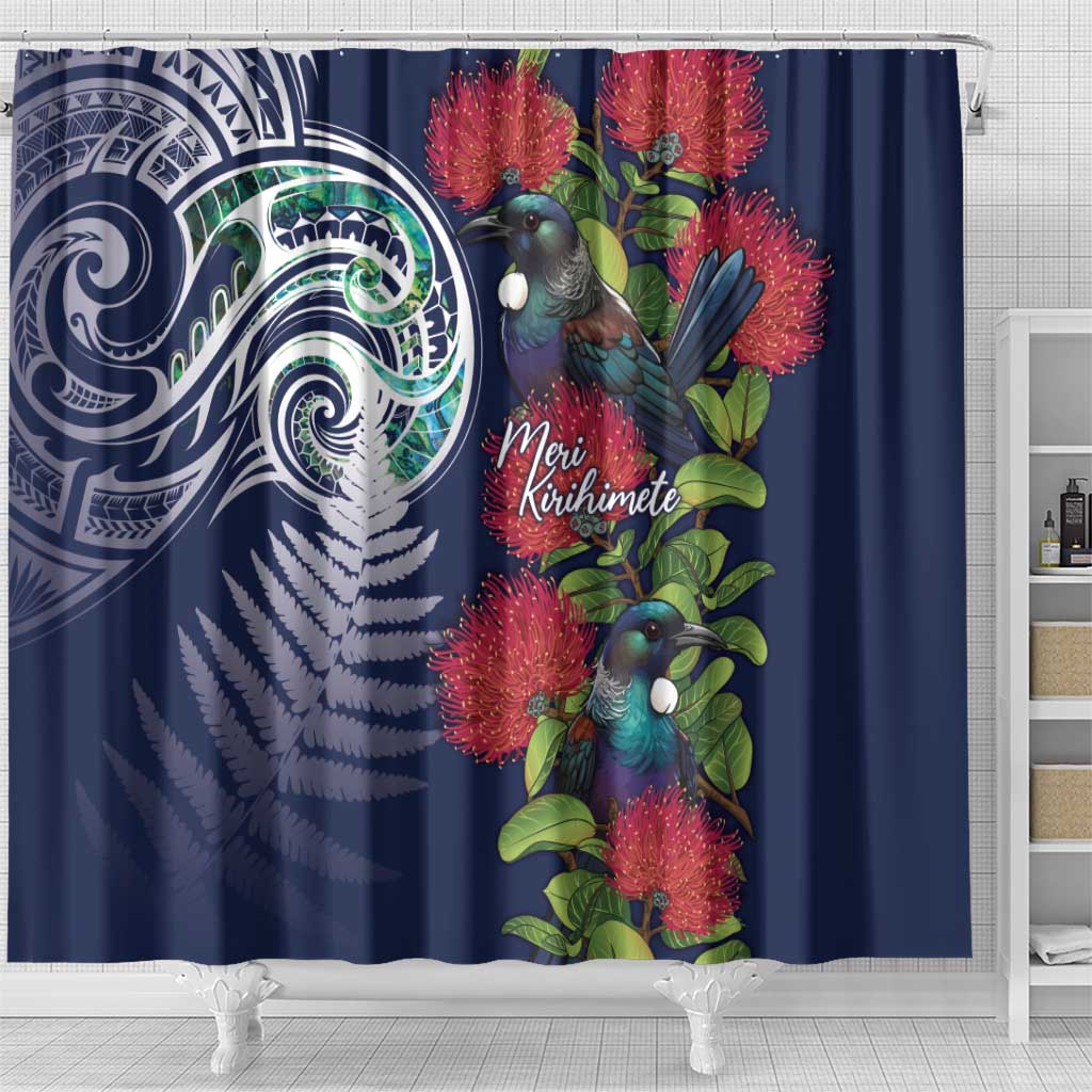 Meri Kirihimete New Zealand Shower Curtain Tui on Pohutukawa - Blue Ver LT7 - Polynesian Pride