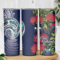 Meri Kirihimete New Zealand Skinny Tumbler Tui on Pohutukawa - Blue Ver LT7 - Polynesian Pride