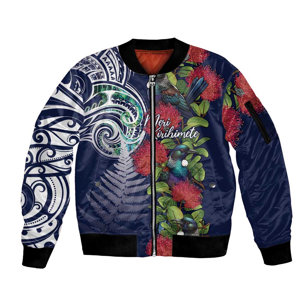 Meri Kirihimete New Zealand Sleeve Zip Bomber Jacket Tui on Pohutukawa - Blue Ver LT7 Unisex Blue - Polynesian Pride