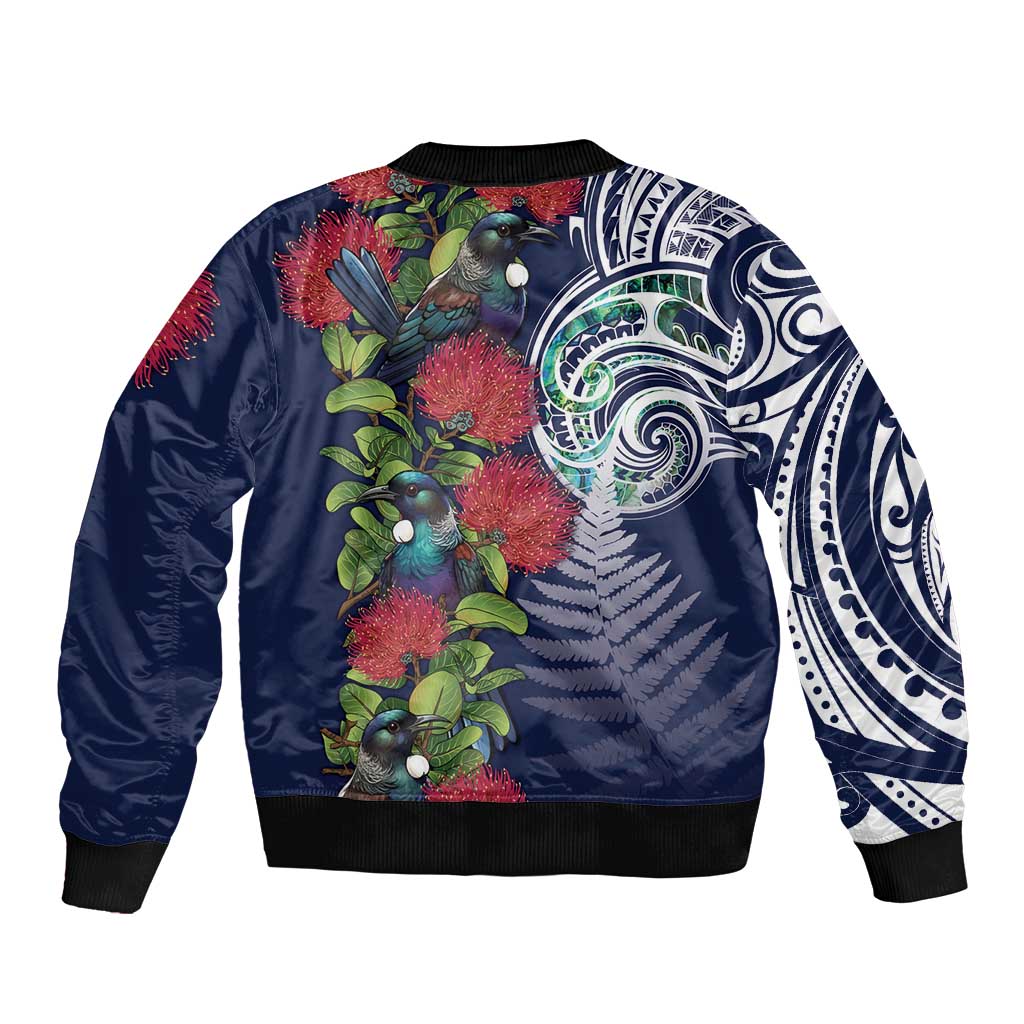 Meri Kirihimete New Zealand Sleeve Zip Bomber Jacket Tui on Pohutukawa - Blue Ver LT7 - Polynesian Pride
