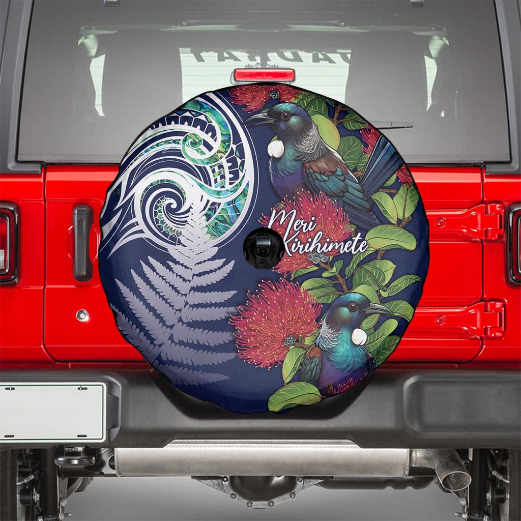 Meri Kirihimete New Zealand Spare Tire Cover Tui on Pohutukawa - Blue Ver LT7 - Polynesian Pride