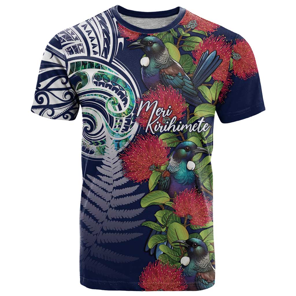 Meri Kirihimete New Zealand T Shirt Tui on Pohutukawa - Blue Ver LT7 Blue - Polynesian Pride