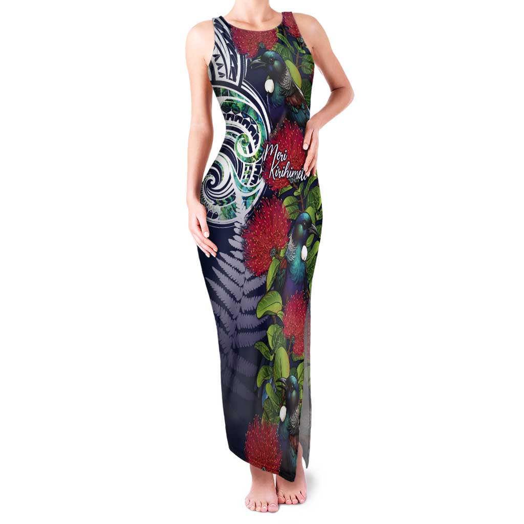 Meri Kirihimete New Zealand Tank Maxi Dress Tui on Pohutukawa - Blue Ver LT7 Women Blue - Polynesian Pride