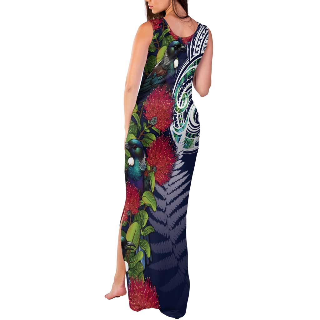 Meri Kirihimete New Zealand Tank Maxi Dress Tui on Pohutukawa - Blue Ver LT7 - Polynesian Pride