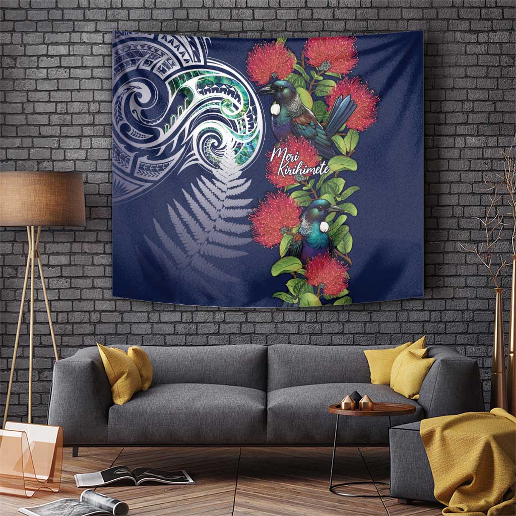 Meri Kirihimete New Zealand Tapestry Tui on Pohutukawa - Blue Ver LT7 - Polynesian Pride