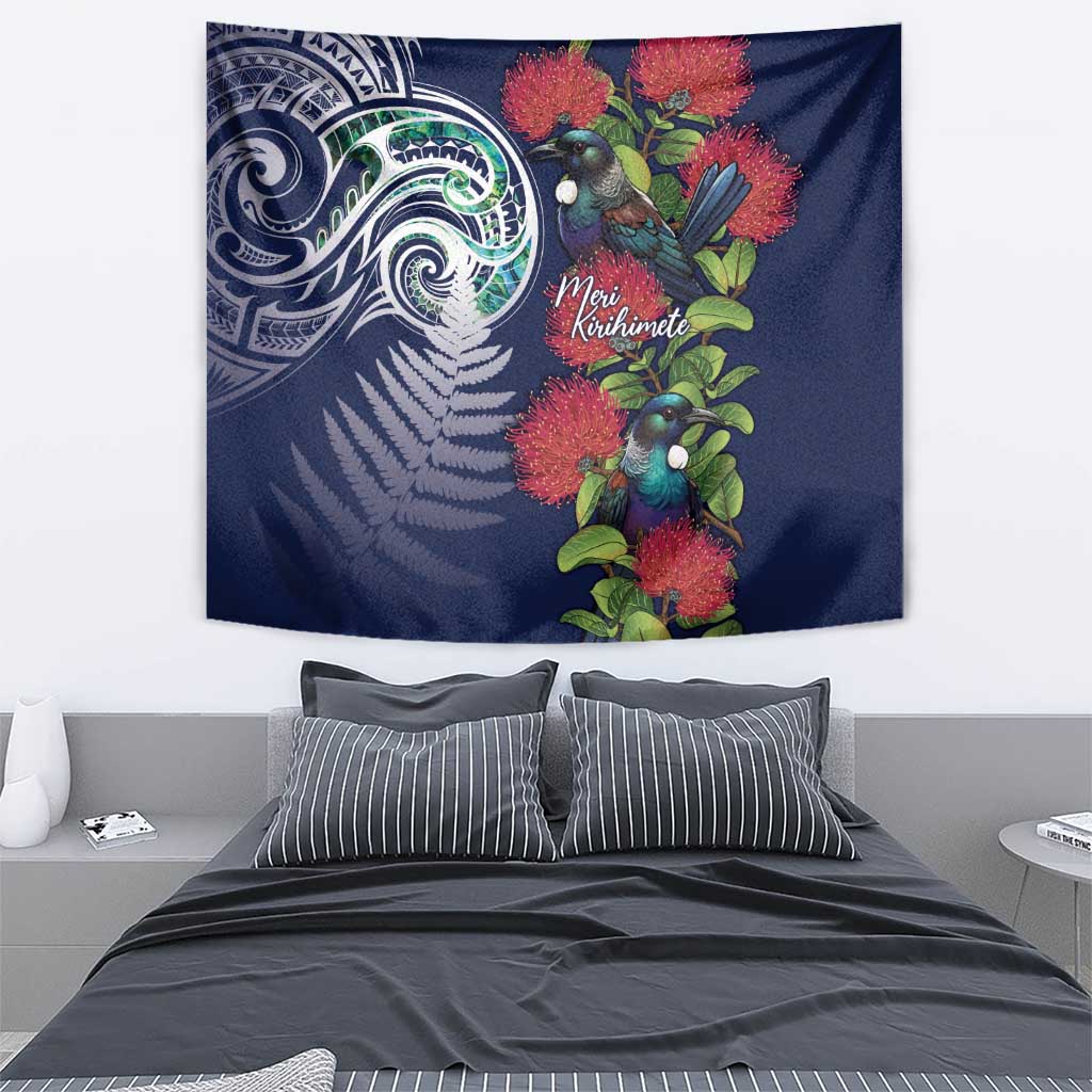Meri Kirihimete New Zealand Tapestry Tui on Pohutukawa - Blue Ver LT7 - Polynesian Pride