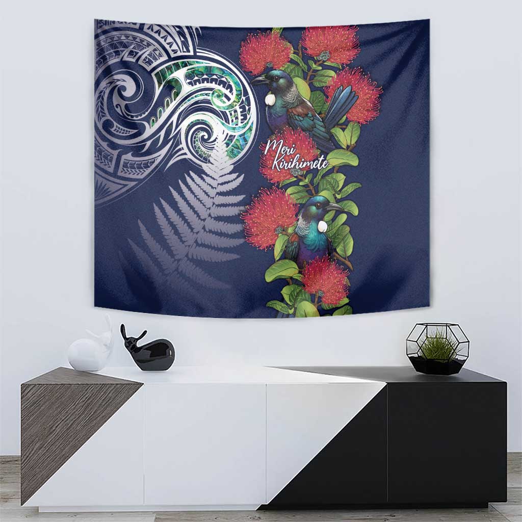 Meri Kirihimete New Zealand Tapestry Tui on Pohutukawa - Blue Ver LT7 - Polynesian Pride