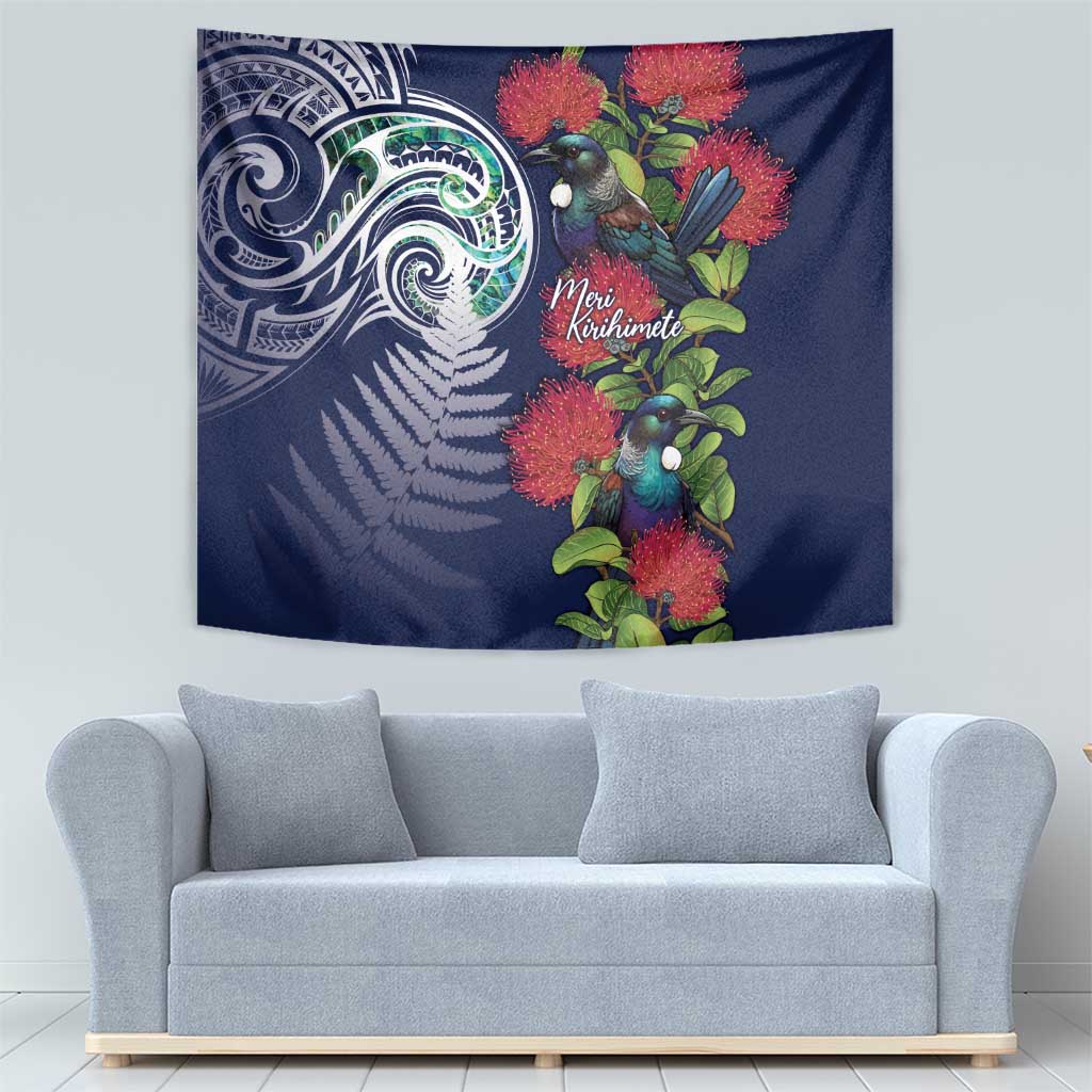 Meri Kirihimete New Zealand Tapestry Tui on Pohutukawa - Blue Ver LT7 - Polynesian Pride
