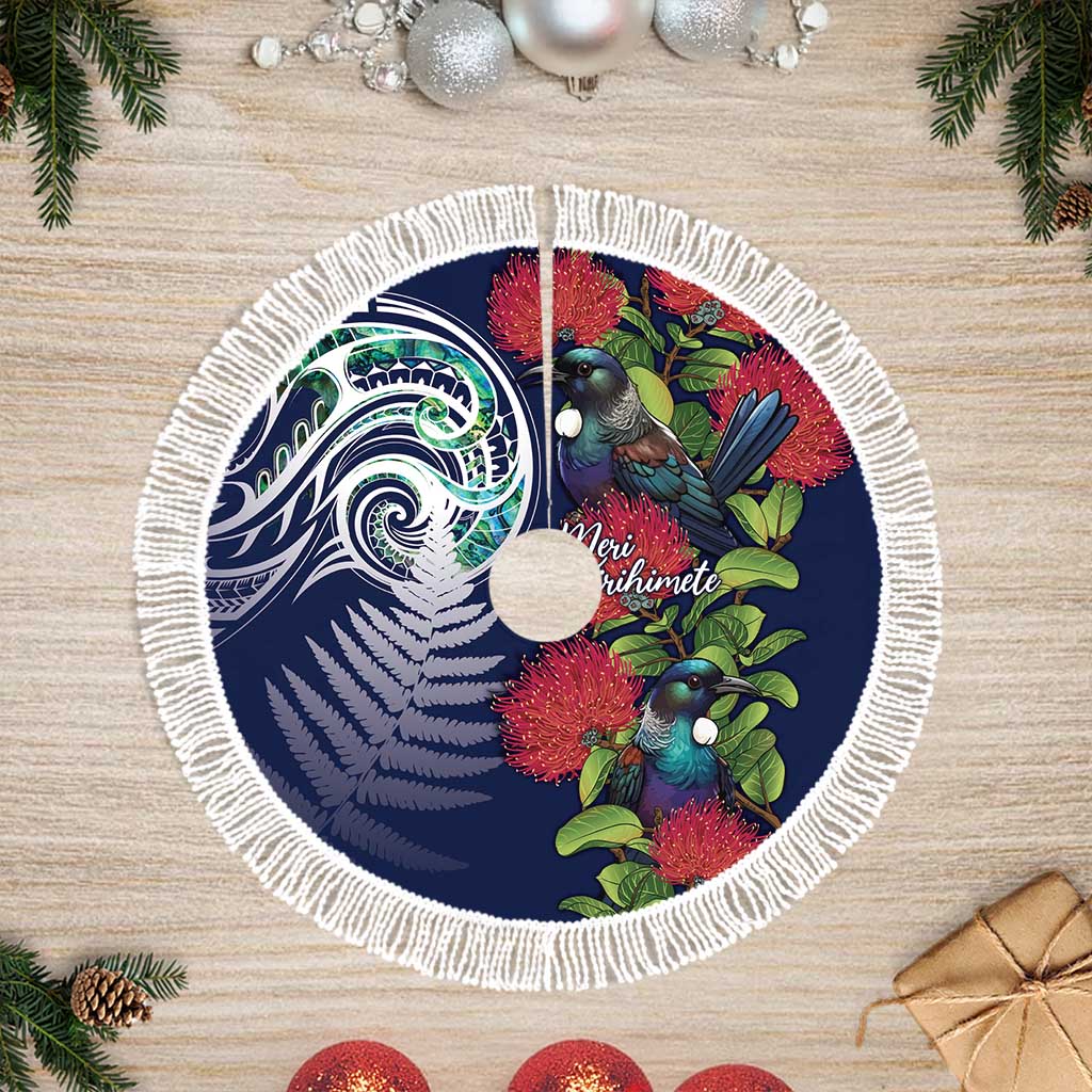 Meri Kirihimete New Zealand Tree Skirt Tui on Pohutukawa - Blue Ver LT7 Fringed Blue - Polynesian Pride