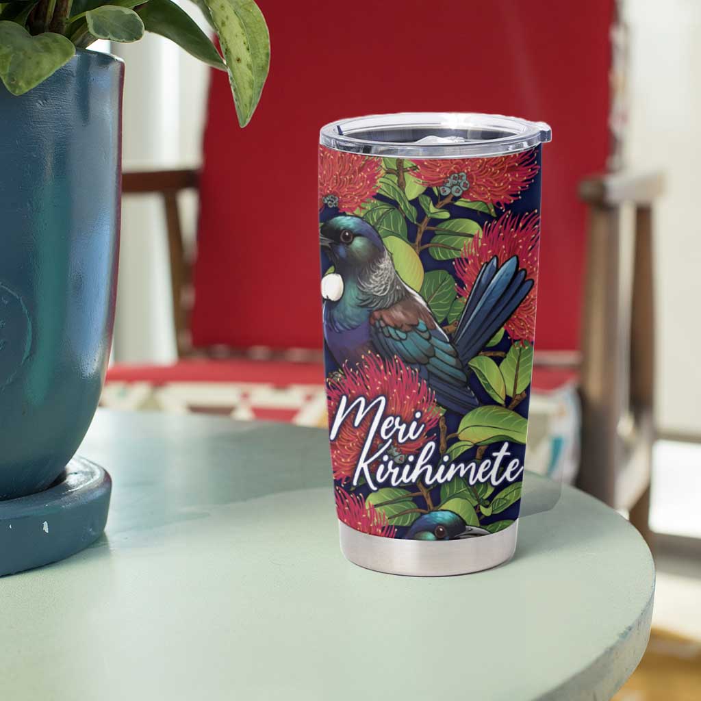 Meri Kirihimete New Zealand Tumbler Cup Tui on Pohutukawa - Blue Ver LT7 - Polynesian Pride