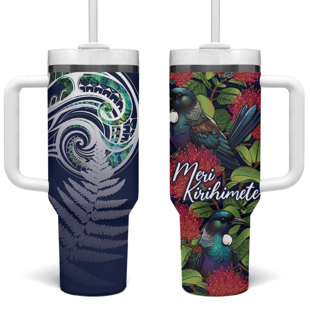 Meri Kirihimete New Zealand Tumbler With Handle Tui on Pohutukawa - Blue Ver LT7 One Size: 40 oz Blue - Polynesian Pride
