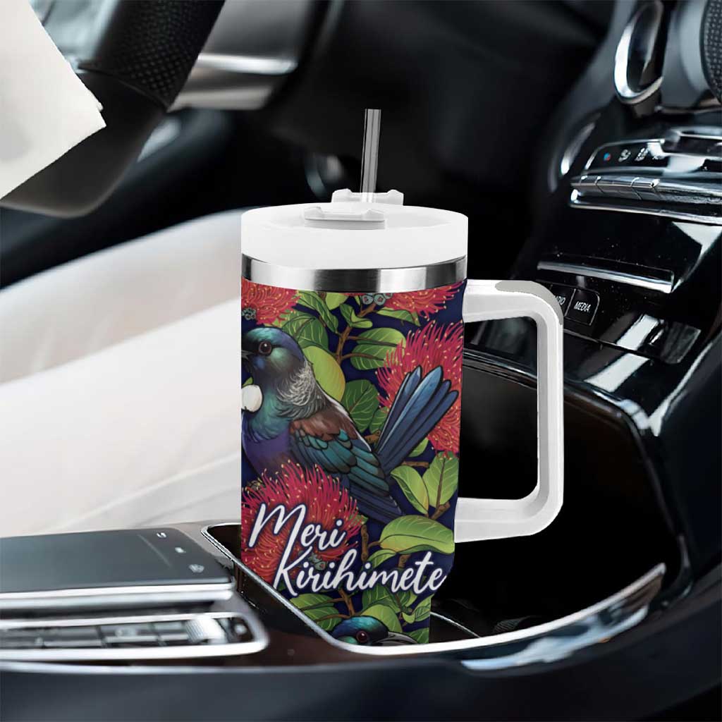 Meri Kirihimete New Zealand Tumbler With Handle Tui on Pohutukawa - Blue Ver LT7 - Polynesian Pride