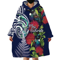 Meri Kirihimete New Zealand Wearable Blanket Hoodie Tui on Pohutukawa - Blue Ver LT7 - Polynesian Pride