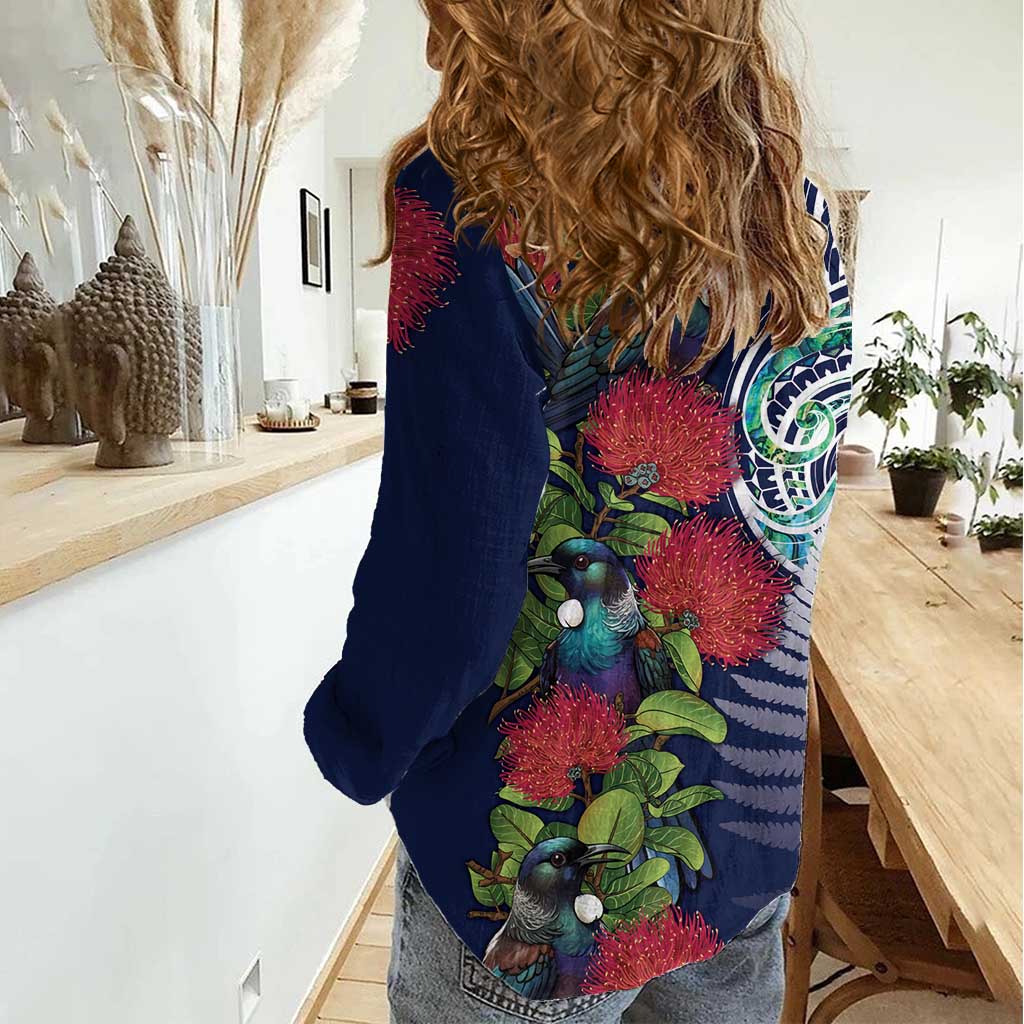 Meri Kirihimete New Zealand Women Casual Shirt Tui on Pohutukawa - Blue Ver