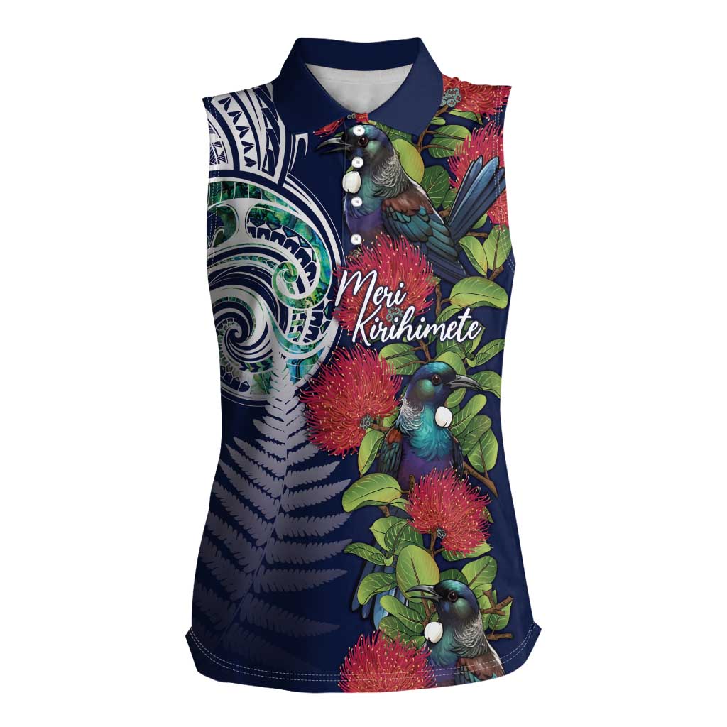 Meri Kirihimete New Zealand Women Sleeveless Polo Shirt Tui on Pohutukawa - Blue Ver LT7 Female Blue - Polynesian Pride