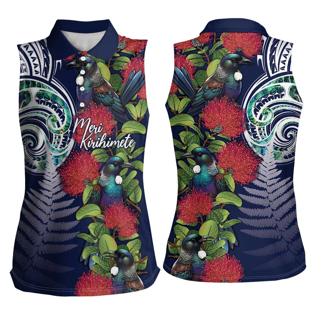 Meri Kirihimete New Zealand Women Sleeveless Polo Shirt Tui on Pohutukawa - Blue Ver LT7 - Polynesian Pride