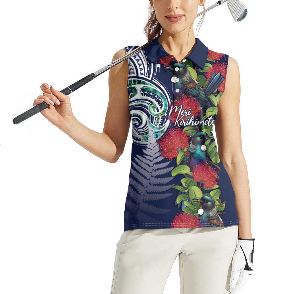Meri Kirihimete New Zealand Women Sleeveless Polo Shirt Tui on Pohutukawa - Blue Ver LT7 - Polynesian Pride