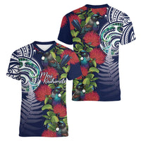Meri Kirihimete New Zealand Women V-Neck T-Shirt Tui on Pohutukawa - Blue Ver LT7 - Polynesian Pride