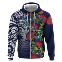 Meri Kirihimete New Zealand Zip Hoodie Tui on Pohutukawa - Blue Ver LT7 Zip Hoodie Blue - Polynesian Pride